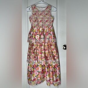 Tahari Girls Sz 10 Pink Floral Cottagecore Tiered Embroidered Maxi Dress